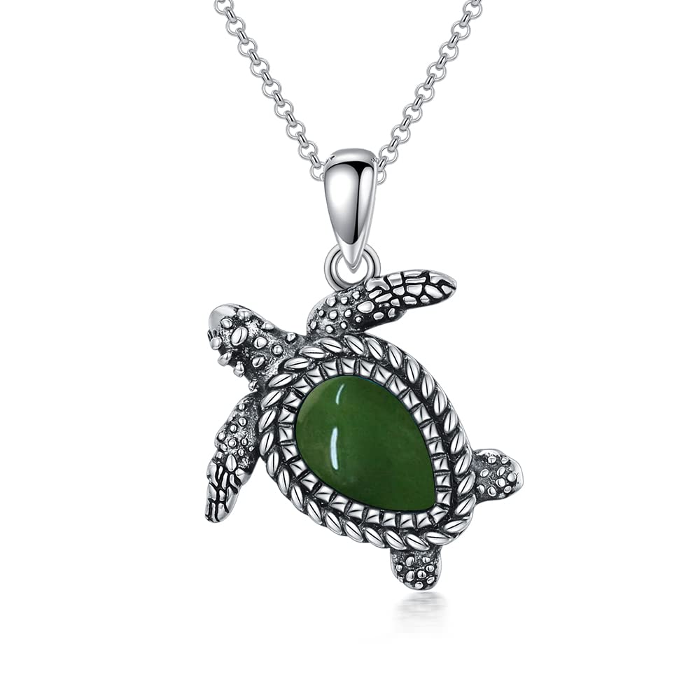 BETHZA Turtle Necklace Genuine Jade Sea Turtle Necklace Sterling Silver Sea Turtles Pendant Gifts for Women (18+2")