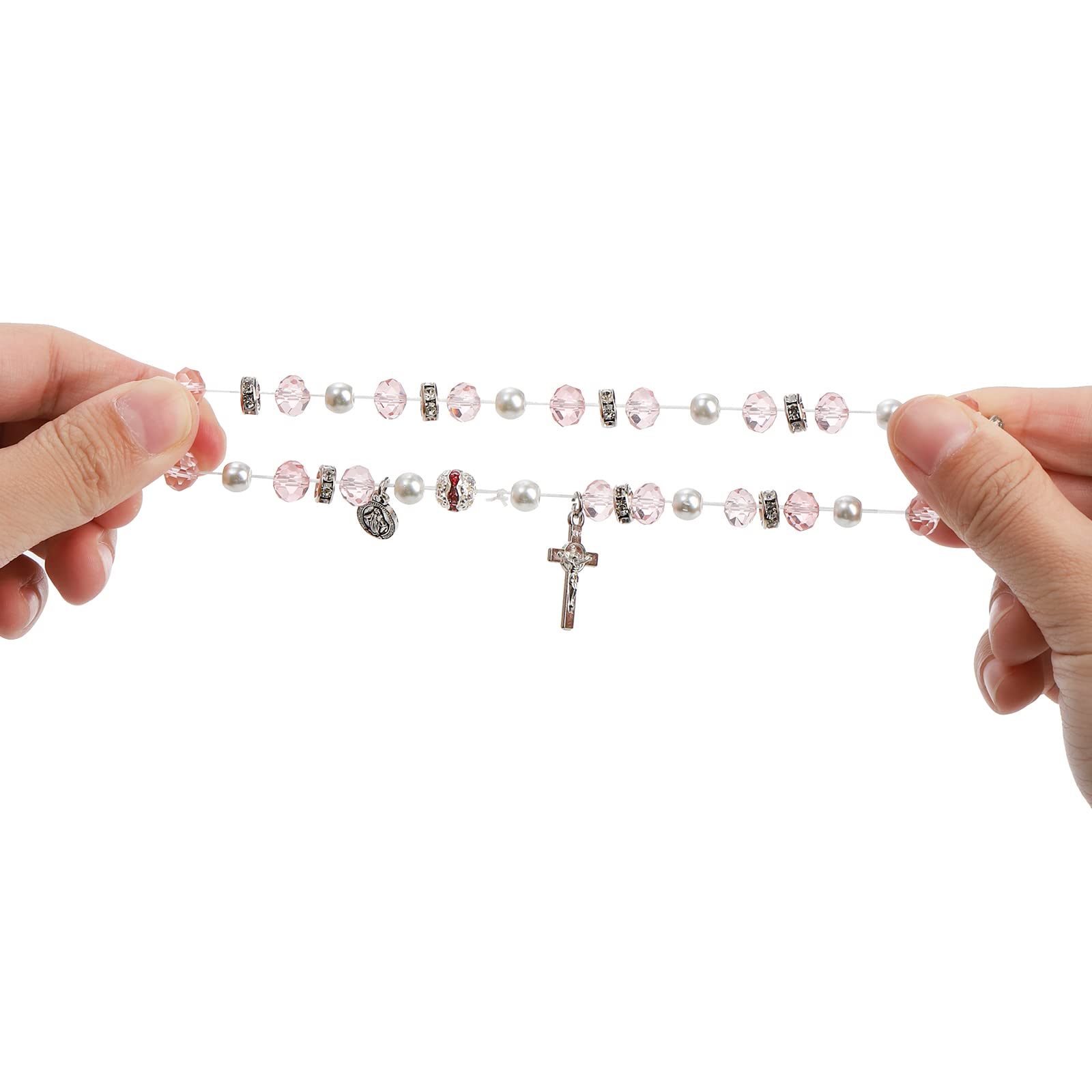 Coloch 6 Pack Women's Bead Stretch Rosary Bracelet, Crystal Cross Bracelet Catholic Bracelets with Crucifix and Miraculous Medal for Girl, Women, Birthday, Anniversary, Valentine's Day, White, faux