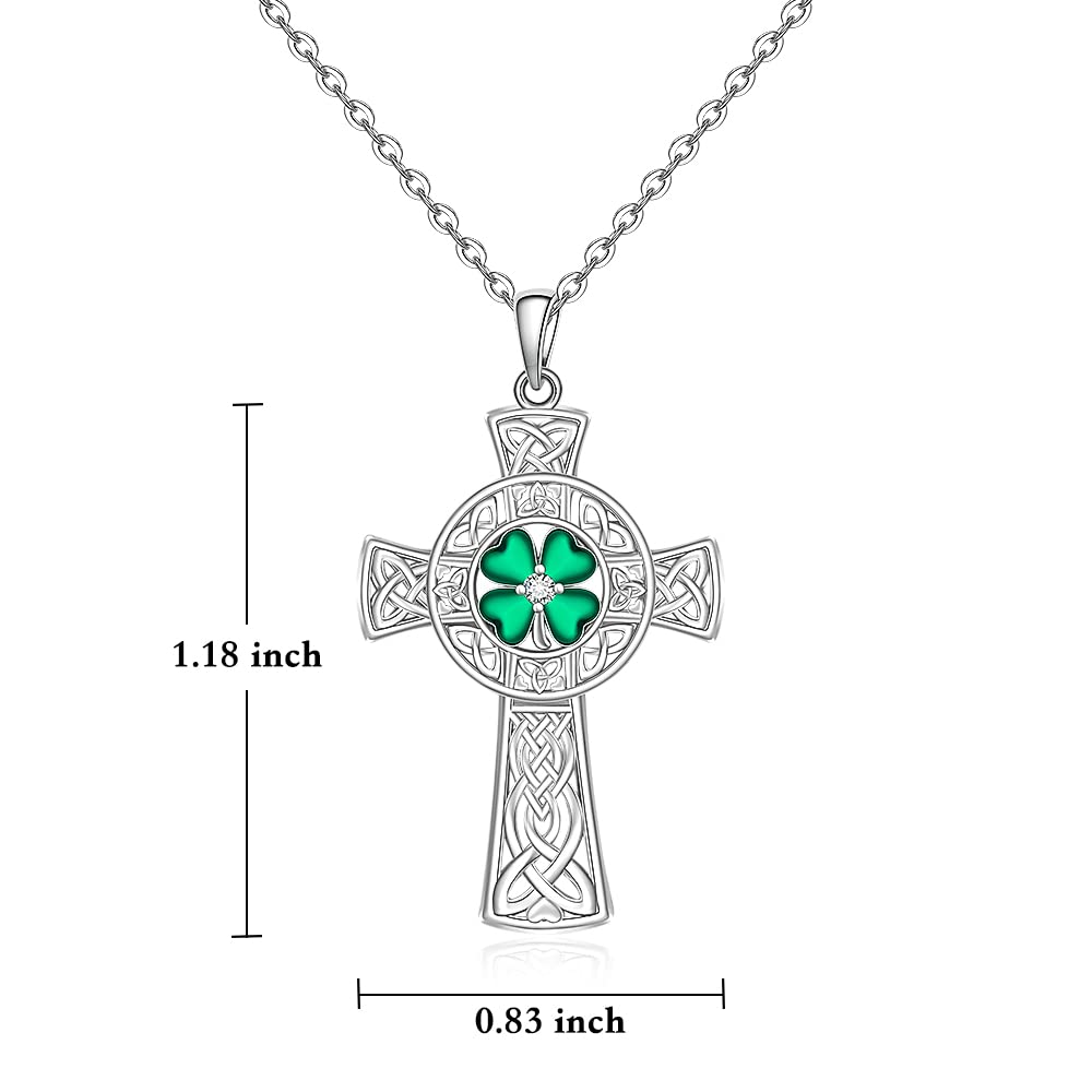 St Patricks Day Necklace Shamrock Necklace Celtic Cross Four Leaf Clover Necklaces for Women Sterling Silver Irish Shamrock Pendant Green 4 Leaf Clover Jewelry Lucky Gifts