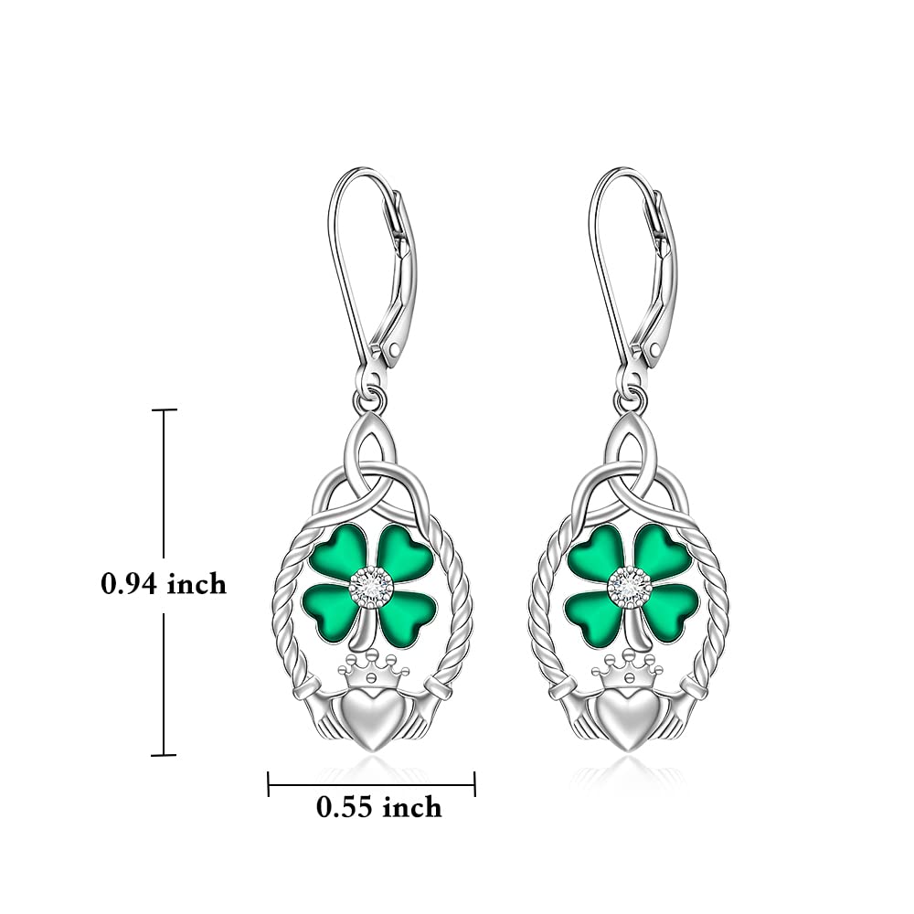 St Patricks Day Earrings Shamrock Earrings for Women Sterling Silver Four Leaf Clover Celtic Claddagh Green Irish Shamrock Dangle 4 Leaf Clover Jewelry Lucky Gifts