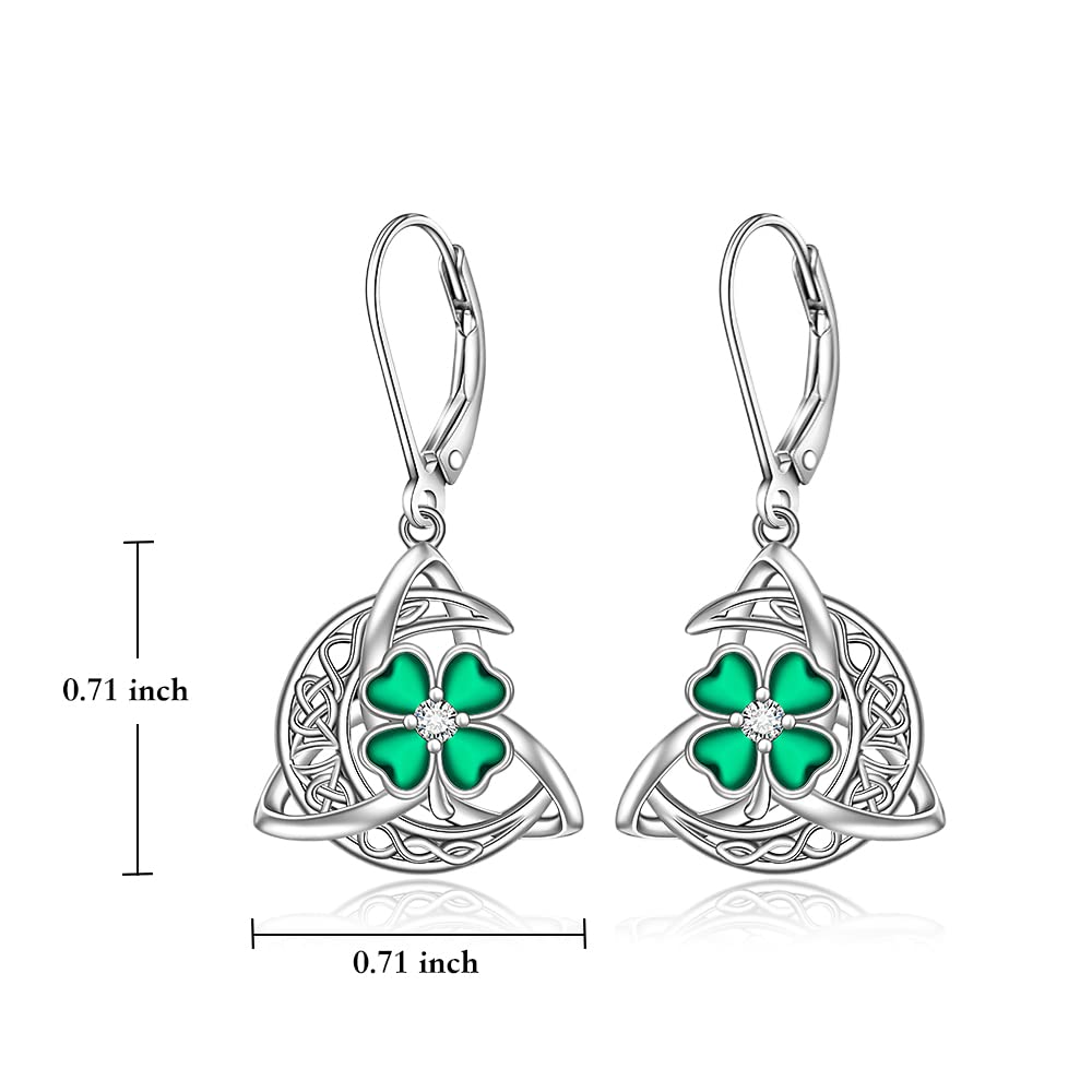 Shamrock Earrings St Patricks Day Earrings for Women Celtic Knot Four Leaf Clover Trinity Irish Leverback Drop Sterling Silver Green Jewelry