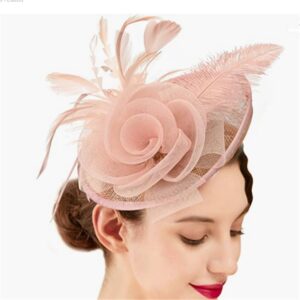 SHUERIET Fascinators Hat Flower MeshVeil Ribbons Feathers on a Headband and a Clip Tea Party Headwear for Girls and Women (a3-Skin Pink)