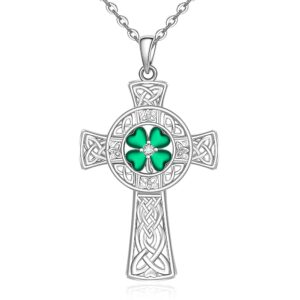 St Patricks Day Necklace Shamrock Necklace Celtic Cross Four Leaf Clover Necklaces for Women Sterling Silver Irish Shamrock Pendant Green 4 Leaf Clover Jewelry Lucky Gifts