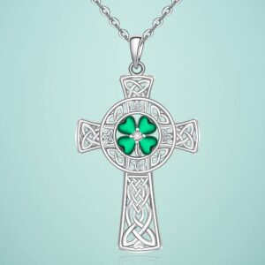 St Patricks Day Necklace Shamrock Necklace Celtic Cross Four Leaf Clover Necklaces for Women Sterling Silver Irish Shamrock Pendant Green 4 Leaf Clover Jewelry Lucky Gifts