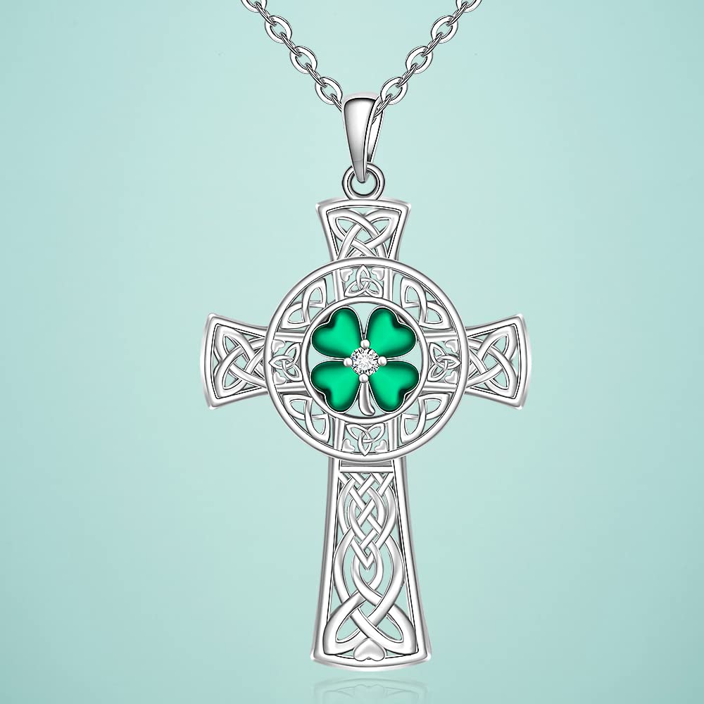 St Patricks Day Necklace Shamrock Necklace Celtic Cross Four Leaf Clover Necklaces for Women Sterling Silver Irish Shamrock Pendant Green 4 Leaf Clover Jewelry Lucky Gifts