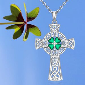 St Patricks Day Necklace Shamrock Necklace Celtic Cross Four Leaf Clover Necklaces for Women Sterling Silver Irish Shamrock Pendant Green 4 Leaf Clover Jewelry Lucky Gifts