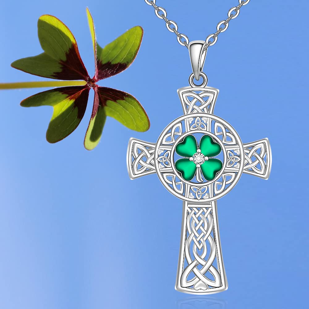 St Patricks Day Necklace Shamrock Necklace Celtic Cross Four Leaf Clover Necklaces for Women Sterling Silver Irish Shamrock Pendant Green 4 Leaf Clover Jewelry Lucky Gifts