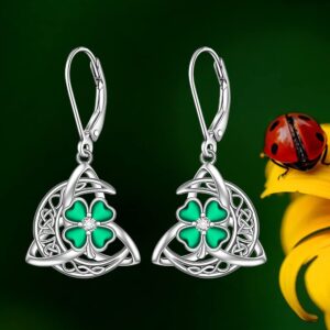 Shamrock Earrings St Patricks Day Earrings for Women Celtic Knot Four Leaf Clover Trinity Irish Leverback Drop Sterling Silver Green Jewelry