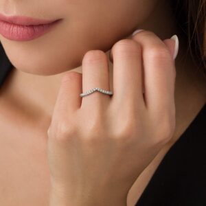 Suplight Chevron Wedding Band Size 12 Sterling Silver Wishbone 'V' Ring for Women with Cubic Zirconia