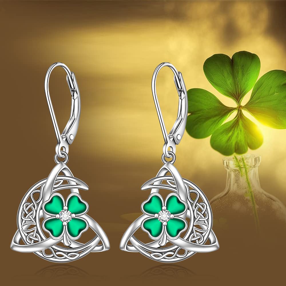 Shamrock Earrings St Patricks Day Earrings for Women Celtic Knot Four Leaf Clover Trinity Irish Leverback Drop Sterling Silver Green Jewelry