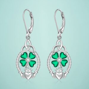 St Patricks Day Earrings Shamrock Earrings for Women Sterling Silver Four Leaf Clover Celtic Claddagh Green Irish Shamrock Dangle 4 Leaf Clover Jewelry Lucky Gifts