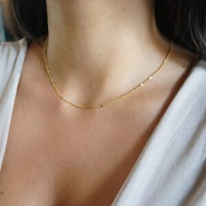 Pancert Danity Gold Necklace for Women 14K Gold Plated Satellite Necklaces Gold Link Chain Necklace Tiny Dot Bar Necklace Simple Everyday Jewelry Gift