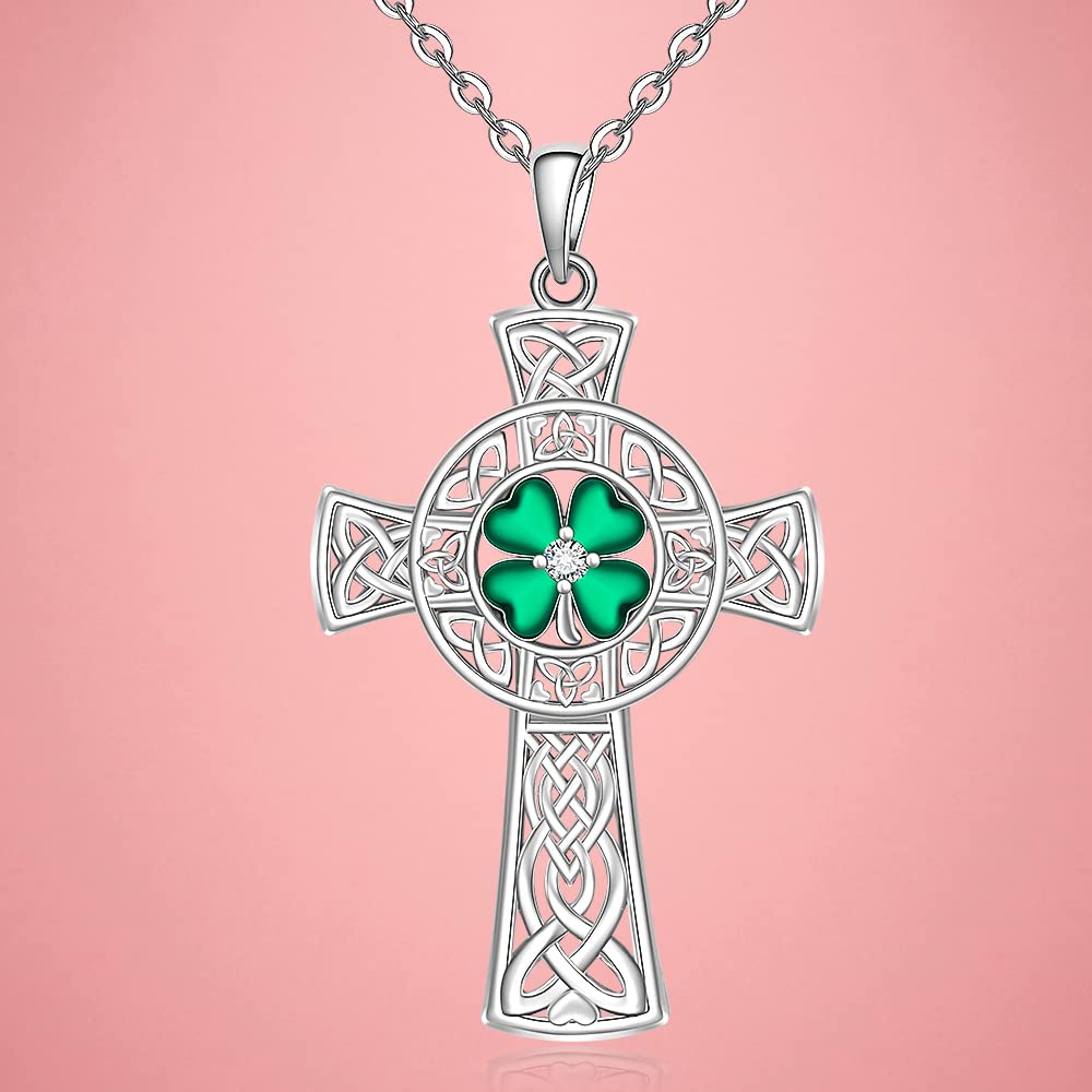 St Patricks Day Necklace Shamrock Necklace Celtic Cross Four Leaf Clover Necklaces for Women Sterling Silver Irish Shamrock Pendant Green 4 Leaf Clover Jewelry Lucky Gifts