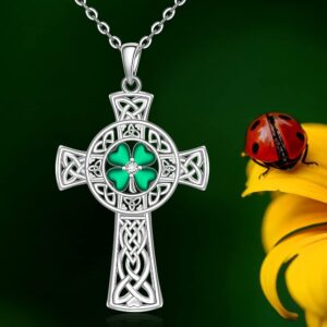 St Patricks Day Necklace Shamrock Necklace Celtic Cross Four Leaf Clover Necklaces for Women Sterling Silver Irish Shamrock Pendant Green 4 Leaf Clover Jewelry Lucky Gifts