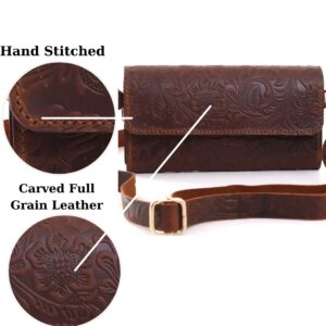 Handmade Small Crossbody Shoulder Bag for Women, Cellphone Bags Adjustable Strap, Leather Card Holder Wallet Purse and Handbags With Zipper Coin Clutch for Teen Girls Bags (Carved Dark Brown)