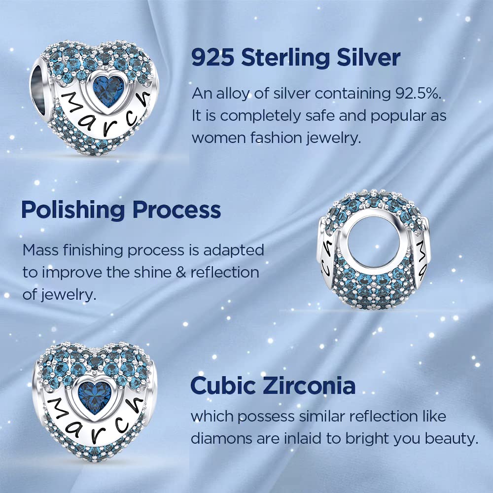 EHEG March Birthstone 003 Charms Love Heart Openwork Bead Charm for Bracelets and Necklaces 925 Sterling Silver with 5A Cubic Zirconia,Jewelry Christmas Gifts Women