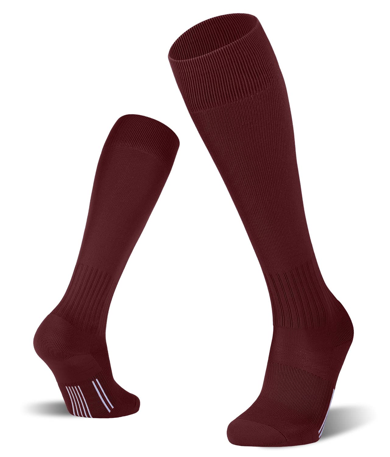 FITRELL 2/3 Pack Soccer Socks For Youth Kids Adult Baseball Softball Football Socks For Men Women Boys Girls, Maroon, Large