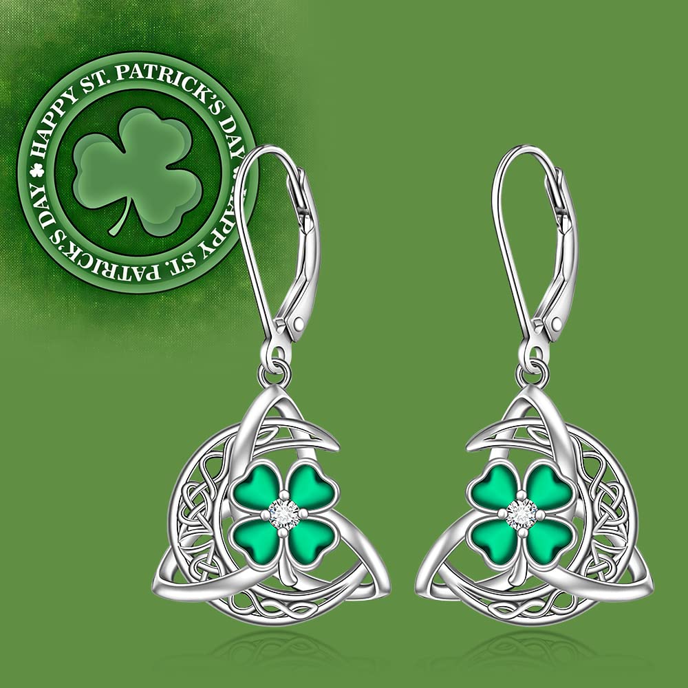 Shamrock Earrings St Patricks Day Earrings for Women Celtic Knot Four Leaf Clover Trinity Irish Leverback Drop Sterling Silver Green Jewelry