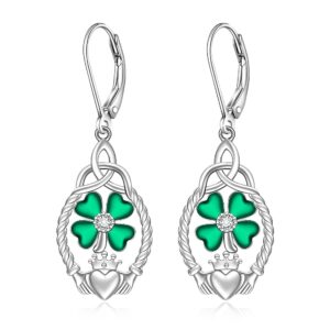 St Patricks Day Earrings Shamrock Earrings for Women Sterling Silver Four Leaf Clover Celtic Claddagh Green Irish Shamrock Dangle 4 Leaf Clover Jewelry Lucky Gifts