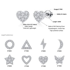 FAIOUS 8 Pairs S925 Sterling Silver Stud Earrings Hypoallergenic Earrings Lightning, Moon and Heart CZ Tiny Butterfly For Kids, Toddlers, Little Girls, Teens, Women