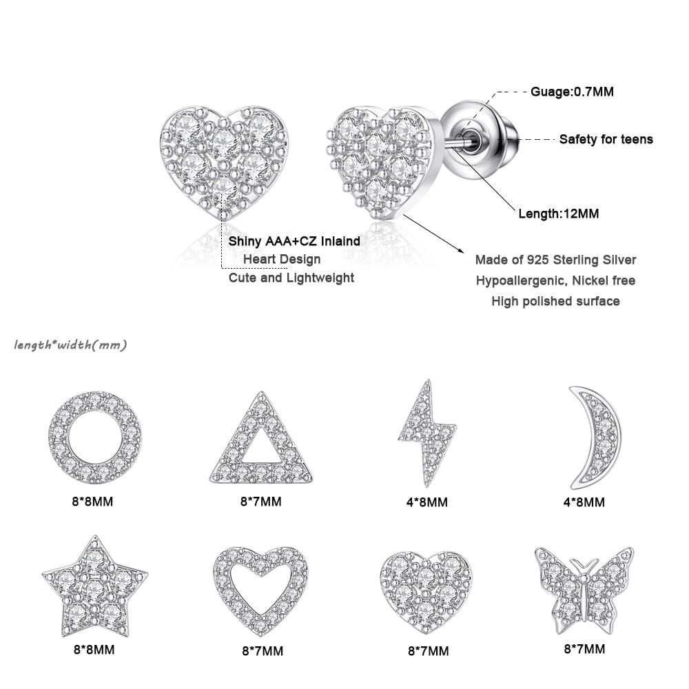 FAIOUS 8 Pairs S925 Sterling Silver Stud Earrings Hypoallergenic Earrings Lightning, Moon and Heart CZ Tiny Butterfly For Kids, Toddlers, Little Girls, Teens, Women