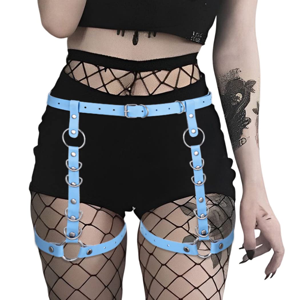 BODIY Punk Waist to Leg Belts PU Leather Loop Rave Belt Goth Thigh Accessory Body Chain for Women and Girls (Blue)