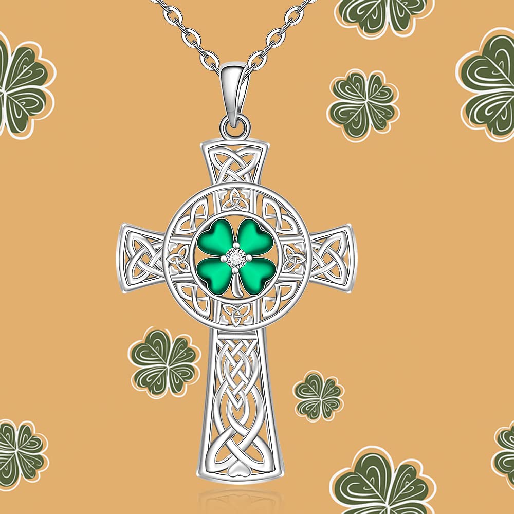 St Patricks Day Necklace Shamrock Necklace Celtic Cross Four Leaf Clover Necklaces for Women Sterling Silver Irish Shamrock Pendant Green 4 Leaf Clover Jewelry Lucky Gifts