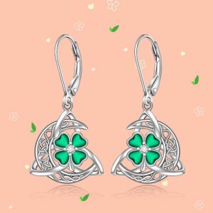 Shamrock Earrings St Patricks Day Earrings for Women Celtic Knot Four Leaf Clover Trinity Irish Leverback Drop Sterling Silver Green Jewelry