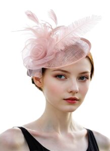 shueriet fascinators hat flower meshveil ribbons feathers on a headband and a clip tea party headwear for girls and women (a3-skin pink)