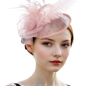 SHUERIET Fascinators Hat Flower MeshVeil Ribbons Feathers on a Headband and a Clip Tea Party Headwear for Girls and Women (a3-Skin Pink)