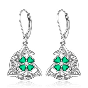 Shamrock Earrings St Patricks Day Earrings for Women Celtic Knot Four Leaf Clover Trinity Irish Leverback Drop Sterling Silver Green Jewelry