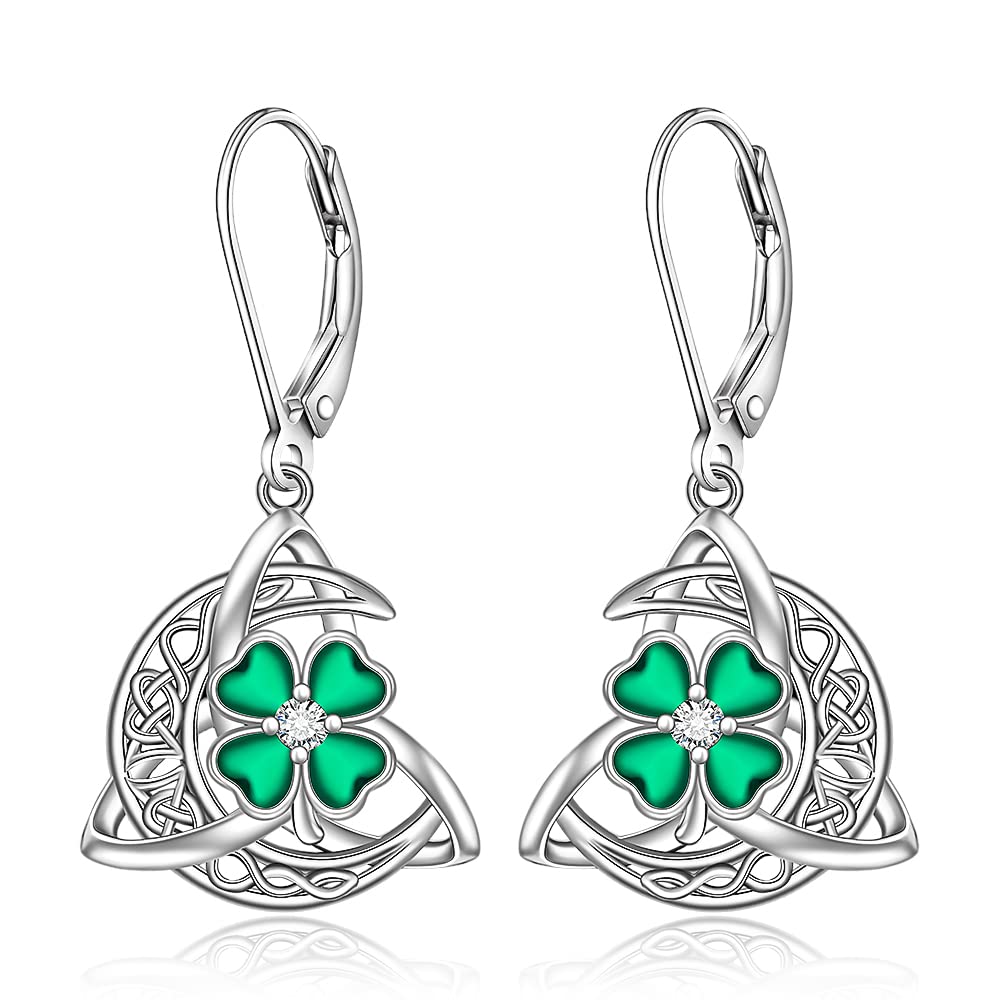 Shamrock Earrings St Patricks Day Earrings for Women Celtic Knot Four Leaf Clover Trinity Irish Leverback Drop Sterling Silver Green Jewelry