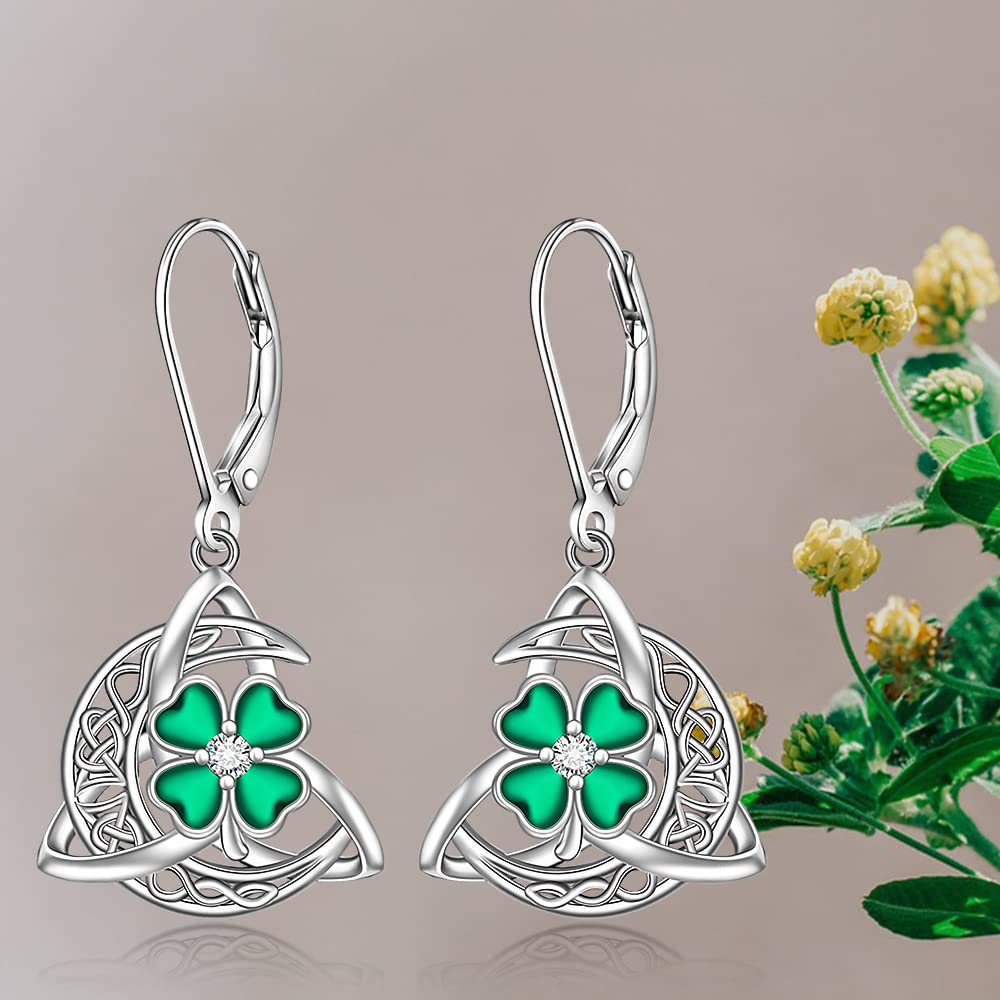 Shamrock Earrings St Patricks Day Earrings for Women Celtic Knot Four Leaf Clover Trinity Irish Leverback Drop Sterling Silver Green Jewelry