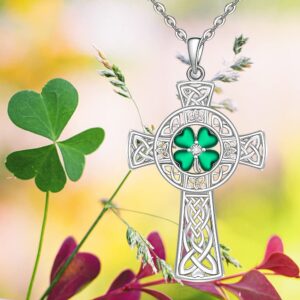 St Patricks Day Necklace Shamrock Necklace Celtic Cross Four Leaf Clover Necklaces for Women Sterling Silver Irish Shamrock Pendant Green 4 Leaf Clover Jewelry Lucky Gifts