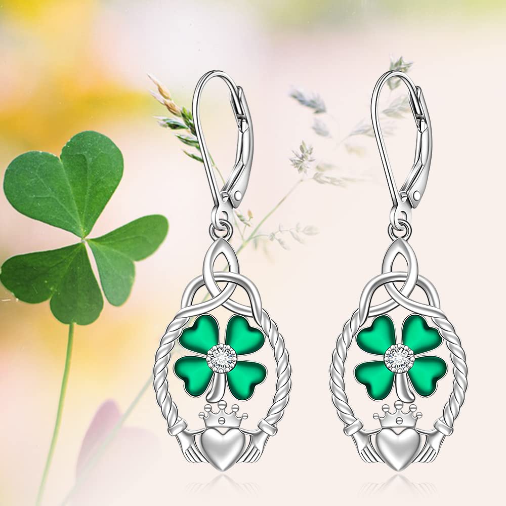 St Patricks Day Earrings Shamrock Earrings for Women Sterling Silver Four Leaf Clover Celtic Claddagh Green Irish Shamrock Dangle 4 Leaf Clover Jewelry Lucky Gifts