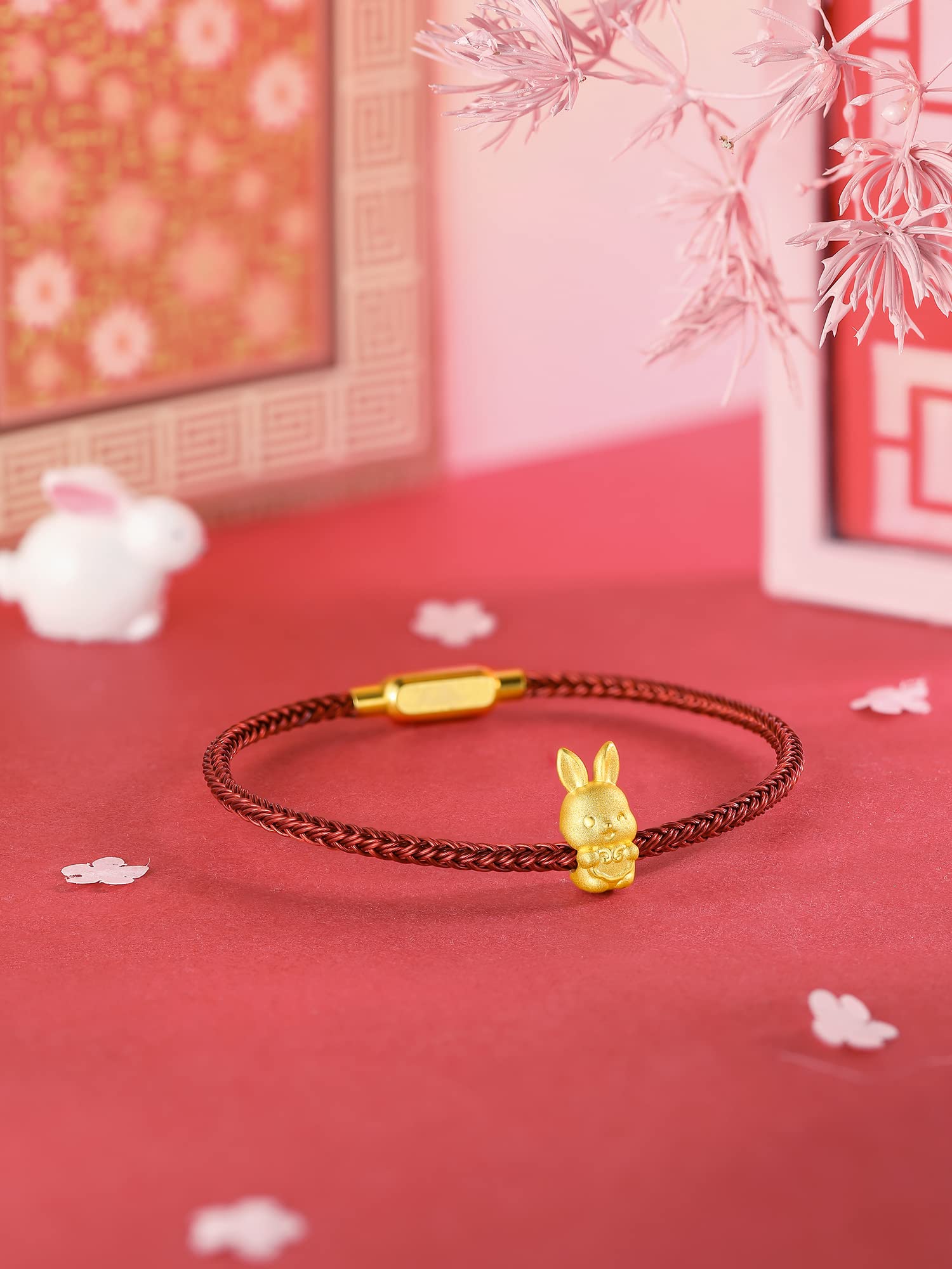 ZHOU LIU FU Real Gold Bracelets for Women Bracelet Lucky Rabbit 24K Gold Jewelry Red Bracelet Solid Gold Charm Fortune Rabbit Charm Bracelets Lucky Bunny Gold Bangle Bracelets