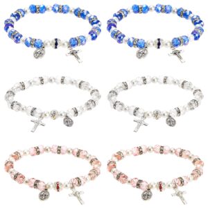 coloch 6 pack women's bead stretch rosary bracelet, crystal cross bracelet catholic bracelets with crucifix and miraculous medal for girl, women, birthday, anniversary, valentine's day, white, faux