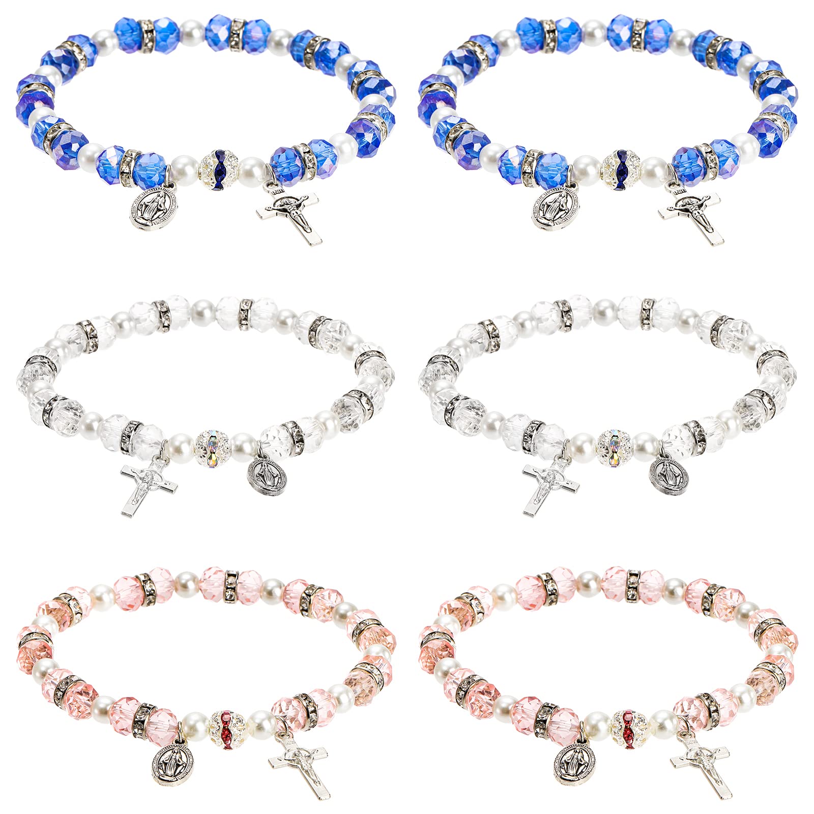 Coloch 6 Pack Women's Bead Stretch Rosary Bracelet, Crystal Cross Bracelet Catholic Bracelets with Crucifix and Miraculous Medal for Girl, Women, Birthday, Anniversary, Valentine's Day, White, faux