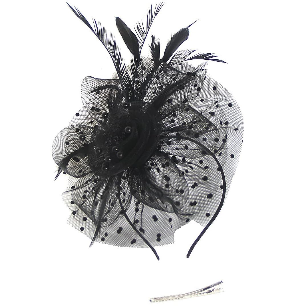 SHUERIET Fascinators Hat Flower MeshVeil Ribbons Feathers on a Headband and a Clip Tea Party Headwear for Girls and Women (a1-Black)