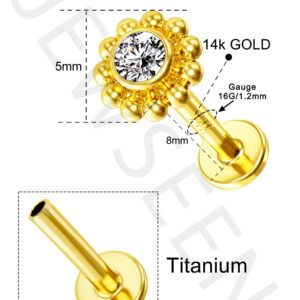 Jewseen 14K Gold Flat Back Earrings Sunflower Top Push in Threadless Cartilage Piercing Jewelry Stud Earrings Helix Piercing Jewelry Tragus Earring Titanium Conch Piercing Jewelry for Women