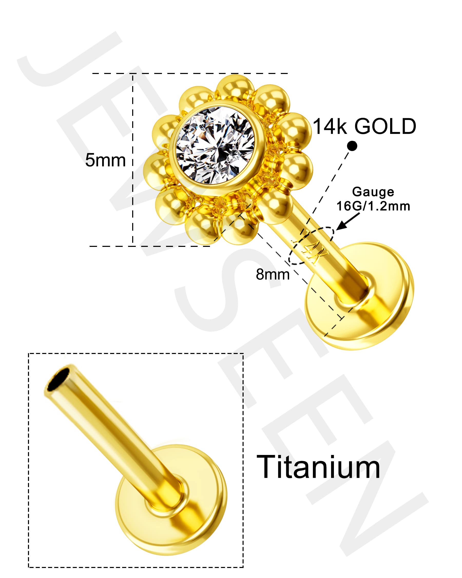 Jewseen 14K Gold Flat Back Earrings Sunflower Top Push in Threadless Cartilage Piercing Jewelry Stud Earrings Helix Piercing Jewelry Tragus Earring Titanium Conch Piercing Jewelry for Women