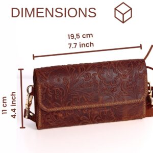 Handmade Small Crossbody Shoulder Bag for Women, Cellphone Bags Adjustable Strap, Leather Card Holder Wallet Purse and Handbags With Zipper Coin Clutch for Teen Girls Bags (Carved Dark Brown)