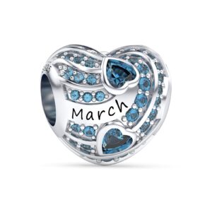 EHEG March Birthstone Charms Love Heart Openwork Bead Charm for Bracelets and Necklaces 925 Sterling Silver with 5A Cubic Zirconia,Jewelry Christmas Gifts Women 003