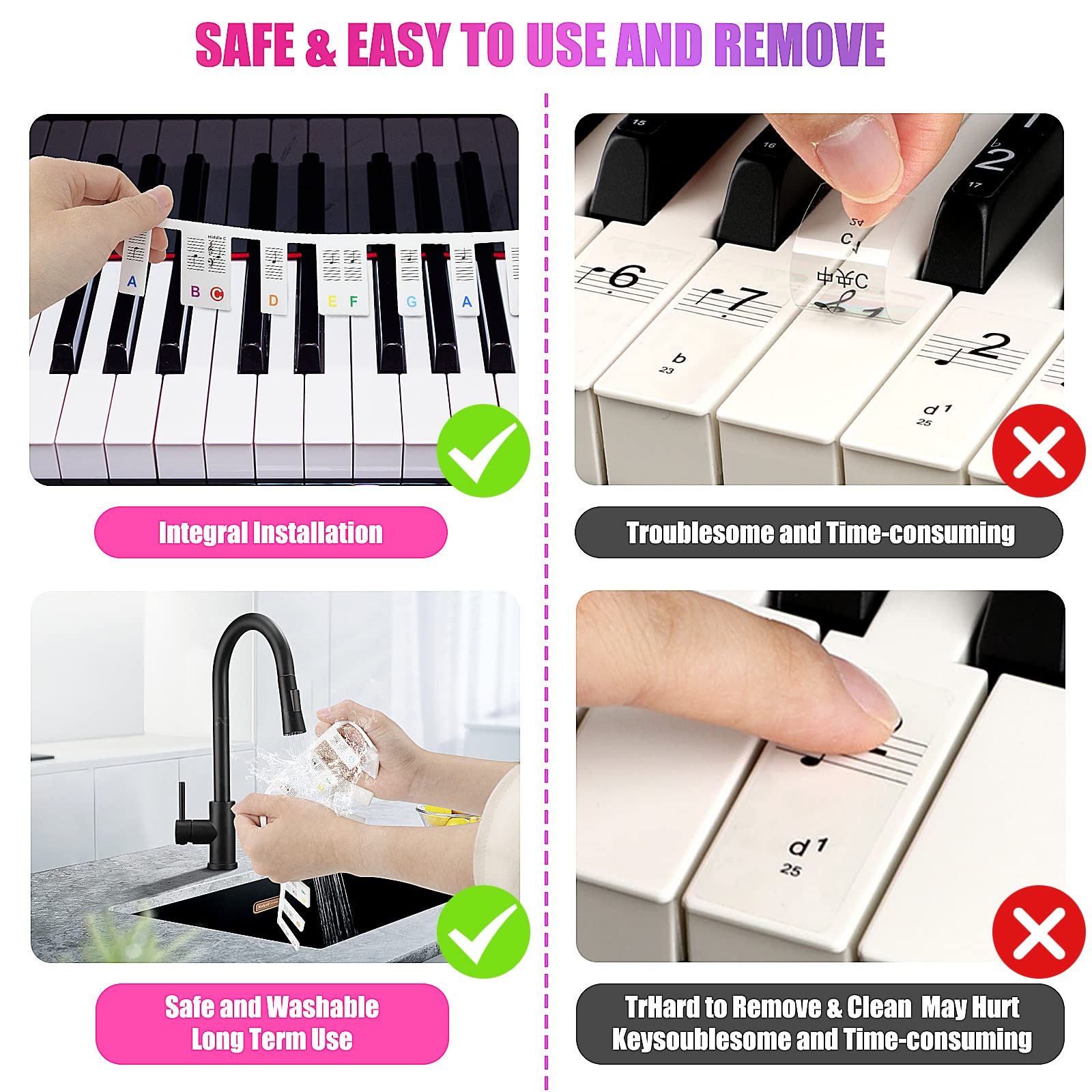 Dreamtop Removable Piano Keyboard Note Labels, 88 Key Full Size Silicone Piano Notes Guide, Piano Keyboard Stickers, Pinao No Need Stickers, Keyboard Piano Note Strips for Beginners