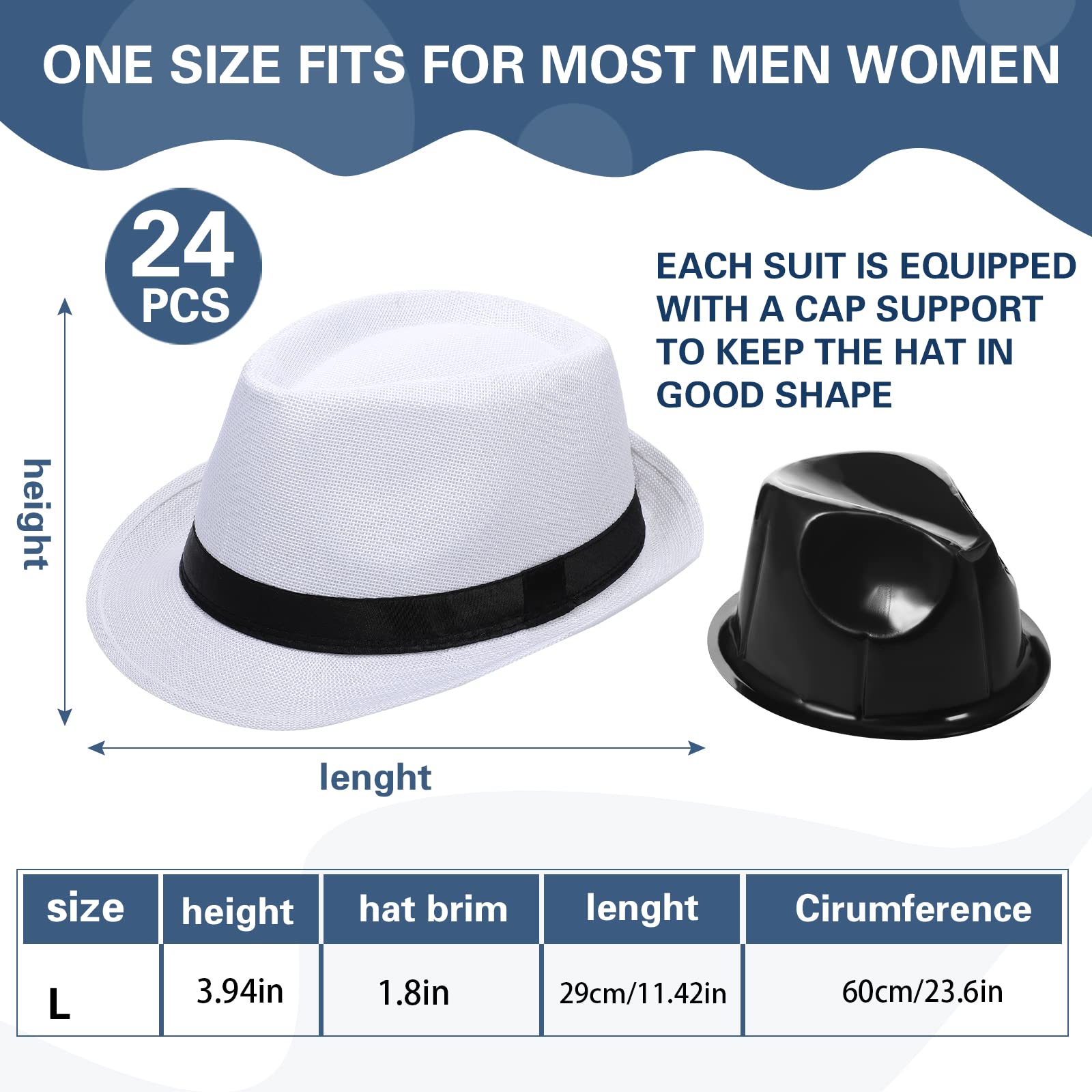 Lasnten 24 Pack 1920s Fedora Hats Bulk for Men Short Brim Sun Panama Hats for Women Party Costume, Circumference 60 cm(White)