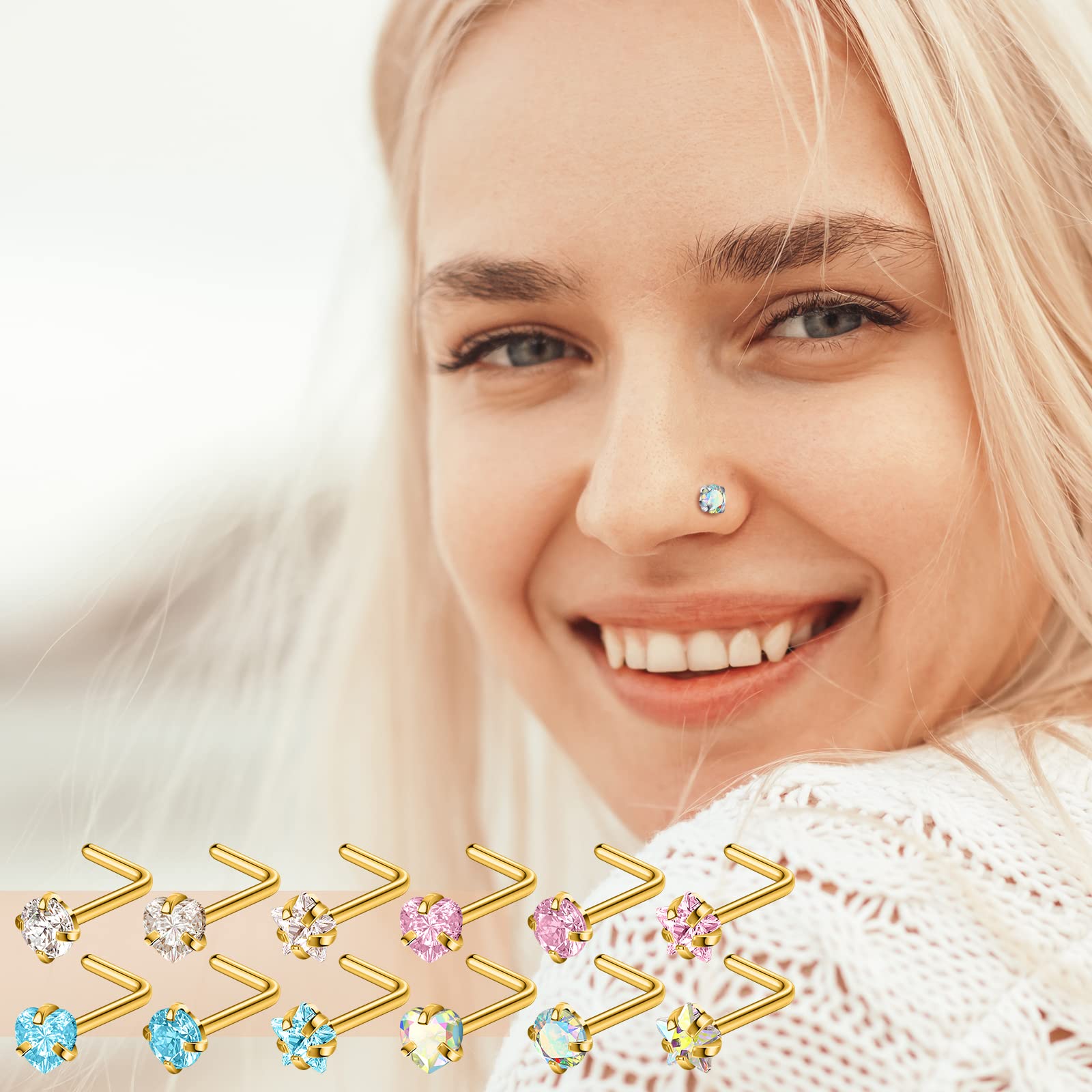 Trnayi 24 Pieces 20g Dangle Nose Rings Dangling Nose Piercings Stud Jewelry for Women Men Indian l Shaped Nose Ring Hoop (Gold)