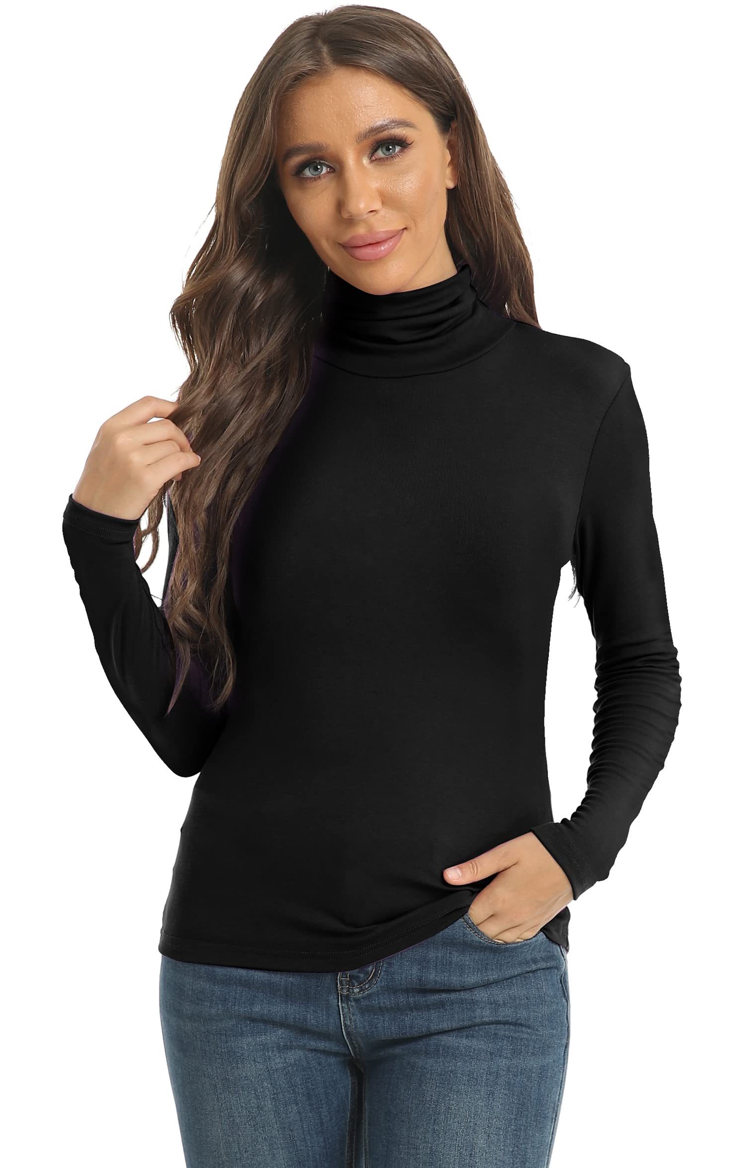 Women's Long Sleeve Turtleneck Tops Lightweight Slim Base Layer Shirt Black XX-Large