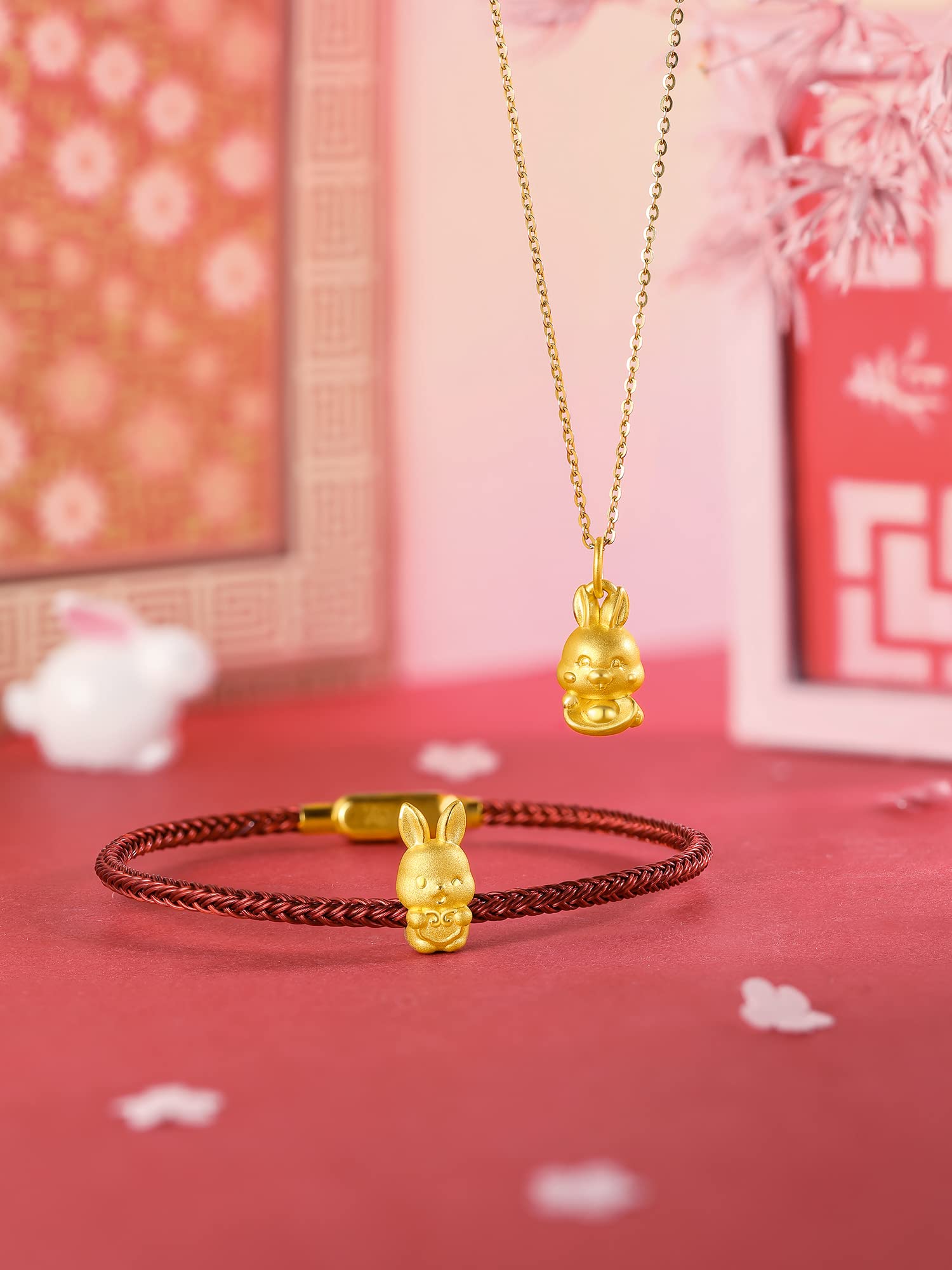 ZHOU LIU FU Real Gold Bracelets for Women Bracelet Lucky Rabbit 24K Gold Jewelry Red Bracelet Solid Gold Charm Fortune Rabbit Charm Bracelets Lucky Bunny Gold Bangle Bracelets