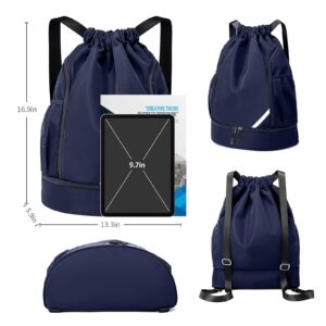 Oziral Drawstring Backpack Water Resistant String Bag Gym Sports with Shoe Compartment Side Mesh Pockets for Women Men (Blue)