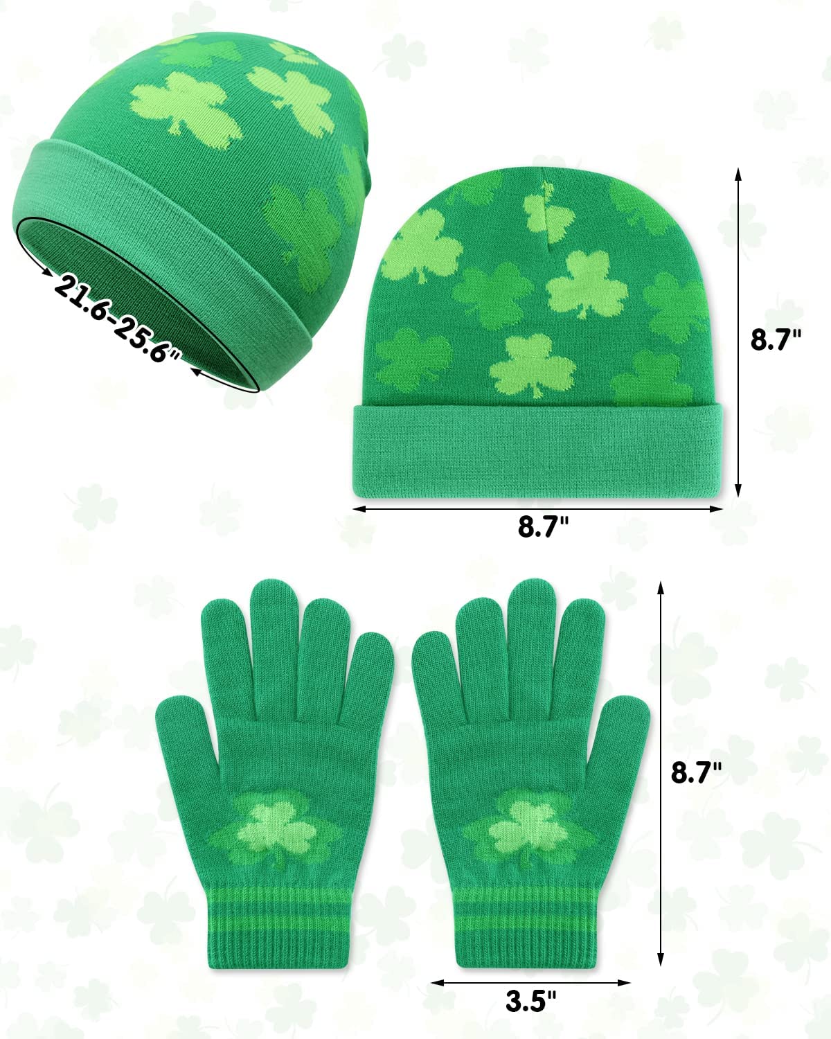 2PCS St Patrick's Day Beanie and Gloves Set Spring Green Shamrock Hat St Patricks Day Accessories Irish Knitted Hat Clover Glove for Women and Men Saints Beanie Gift